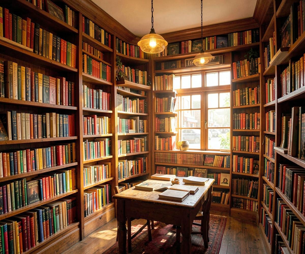 Inside Balaji Book — wooden shelves filled with books